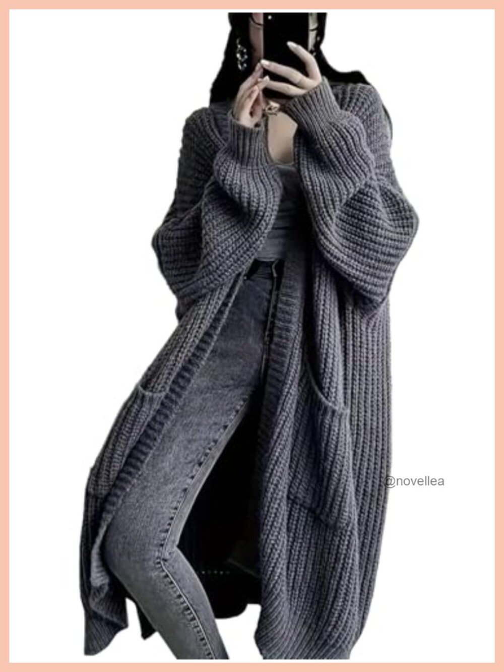 Long Open Front Chunky Cable Knit Cardigan with Pockets Oversized Duster